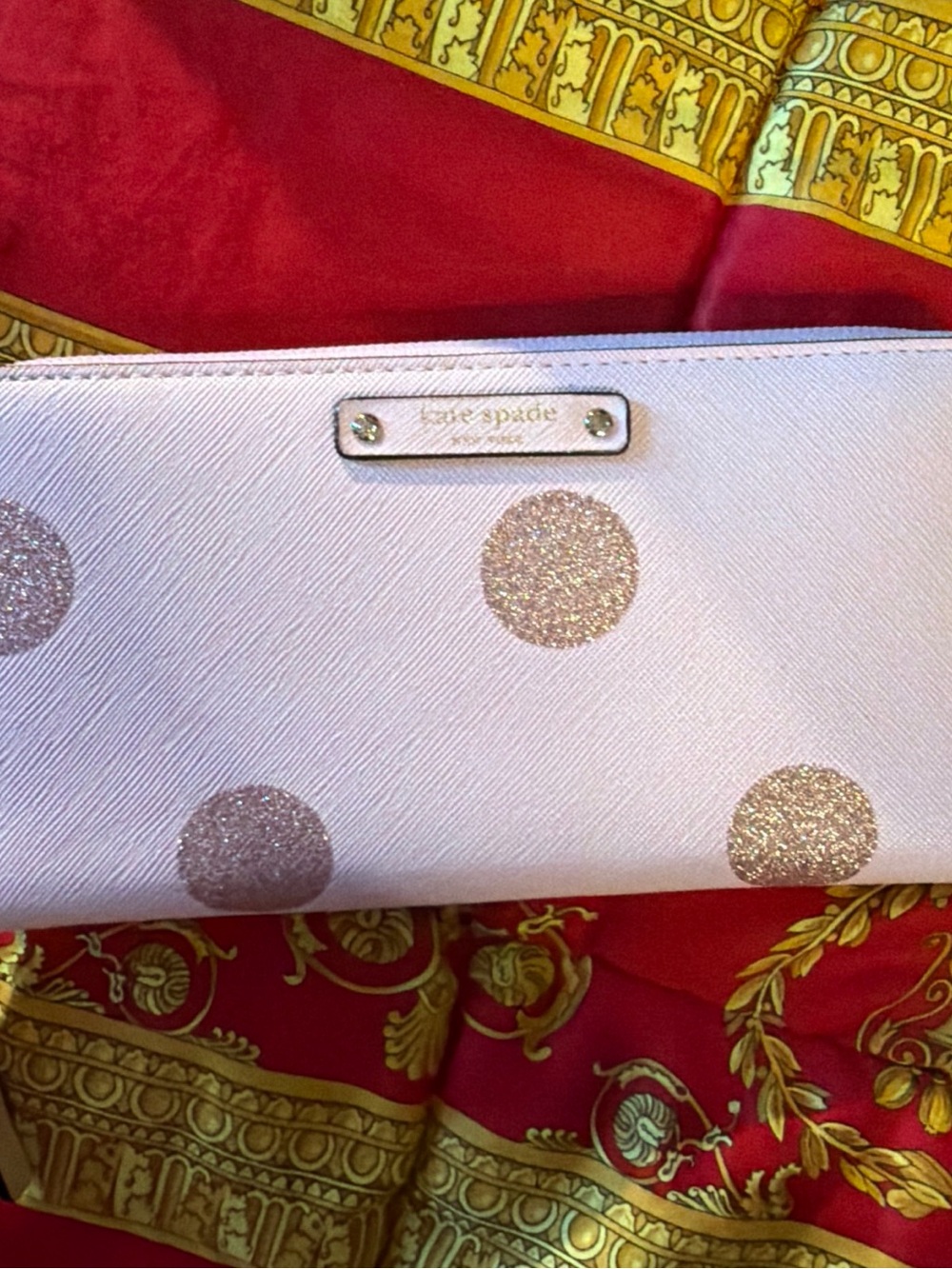 kate spade Light Pink Wallet with Glitter Rose Gold Polka Dots